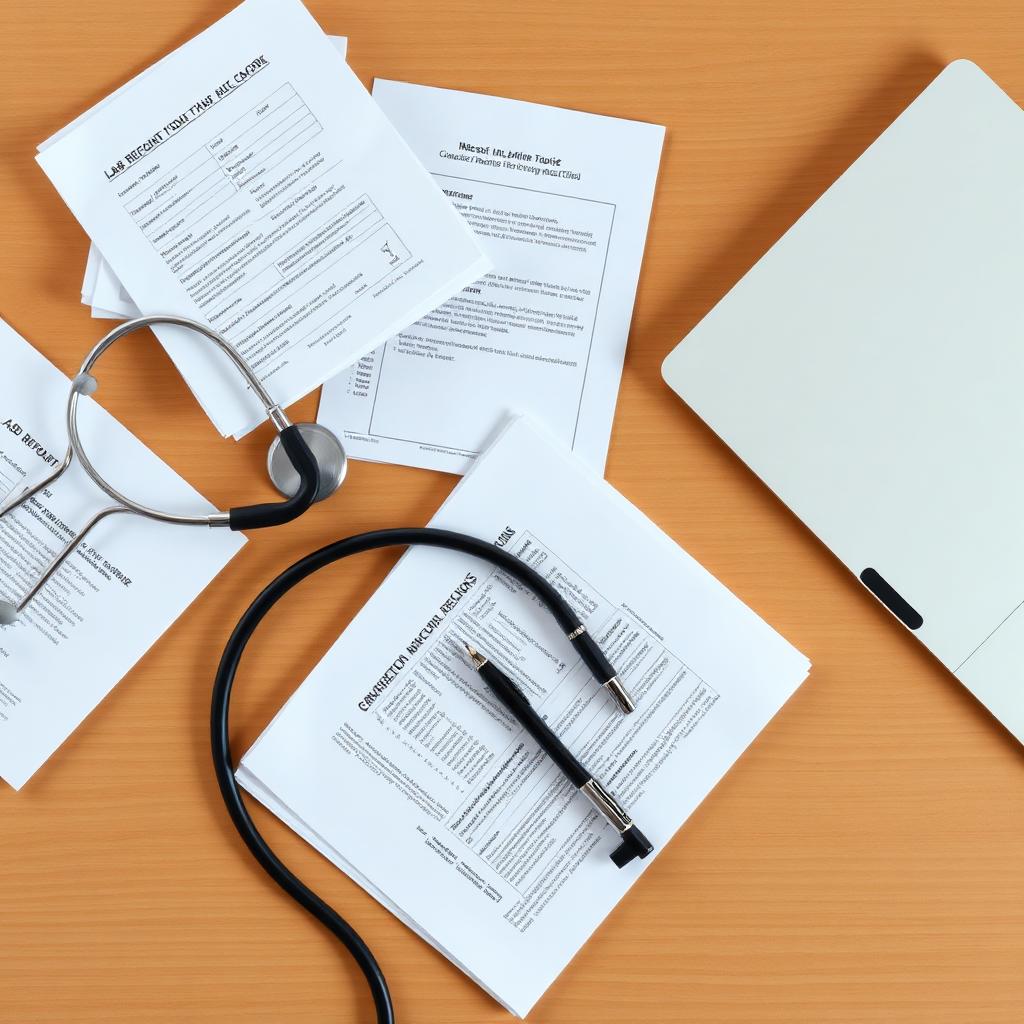 Physician's desk with lab reports, a stethoscope, a pen, and a laptop