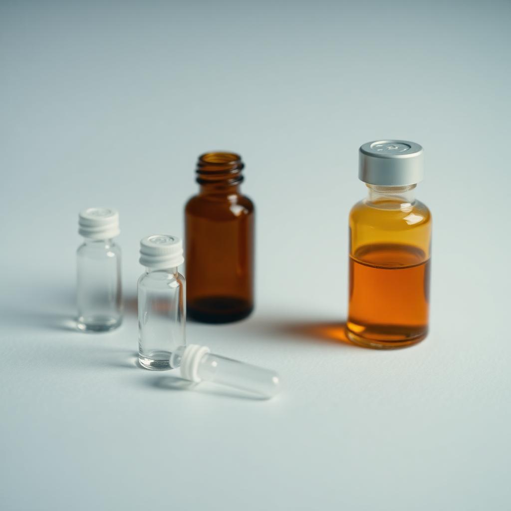 Small glass vials and a pharmacy bottle on a soft neutral background